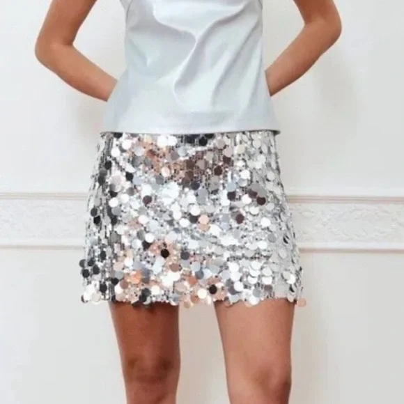 Silver Sequin Mini Skirt - Picture 1 of 5